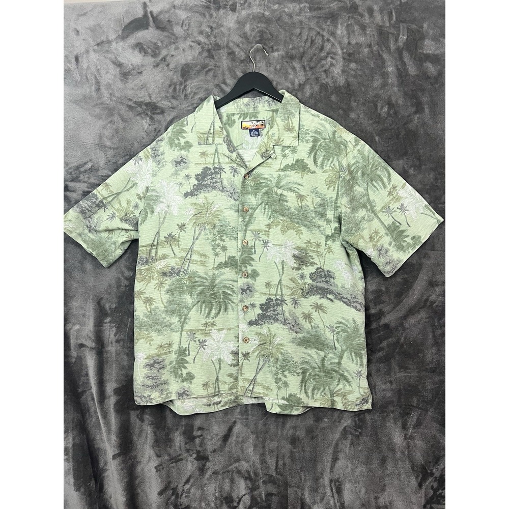 Mens XL HAVANA JACKS CAFE 100% Silk Green Floral HAWAIIAN SHIRT  Easy Care